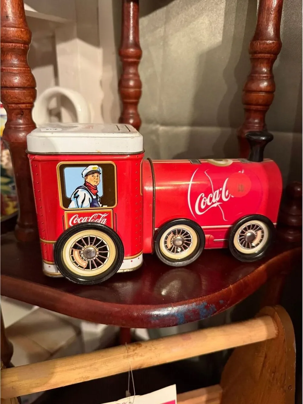 C15. Vintage 2000 Coca Cola Tin Train Lidded Container & Moving Wheels